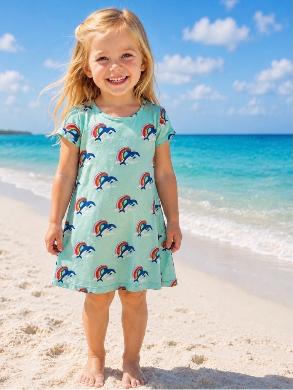 Hanna Andersson Sunny Days & Getaways Swing Dress Girls 6-7 Dolphins & Rainbows